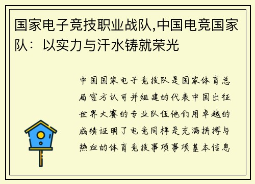 国家电子竞技职业战队,中国电竞国家队：以实力与汗水铸就荣光